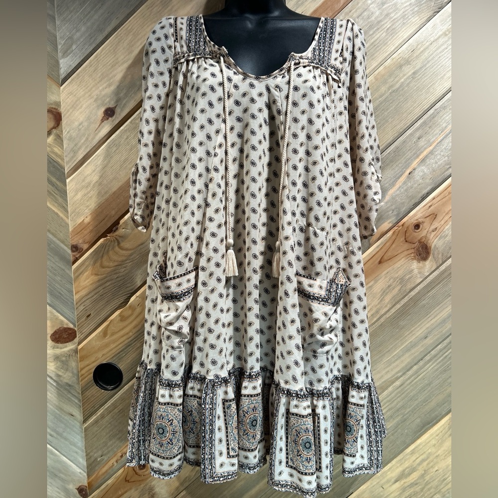 Free People Loose Fit Paisley  Mandala Ruffle Apron Pocket Lined Peasant Dress